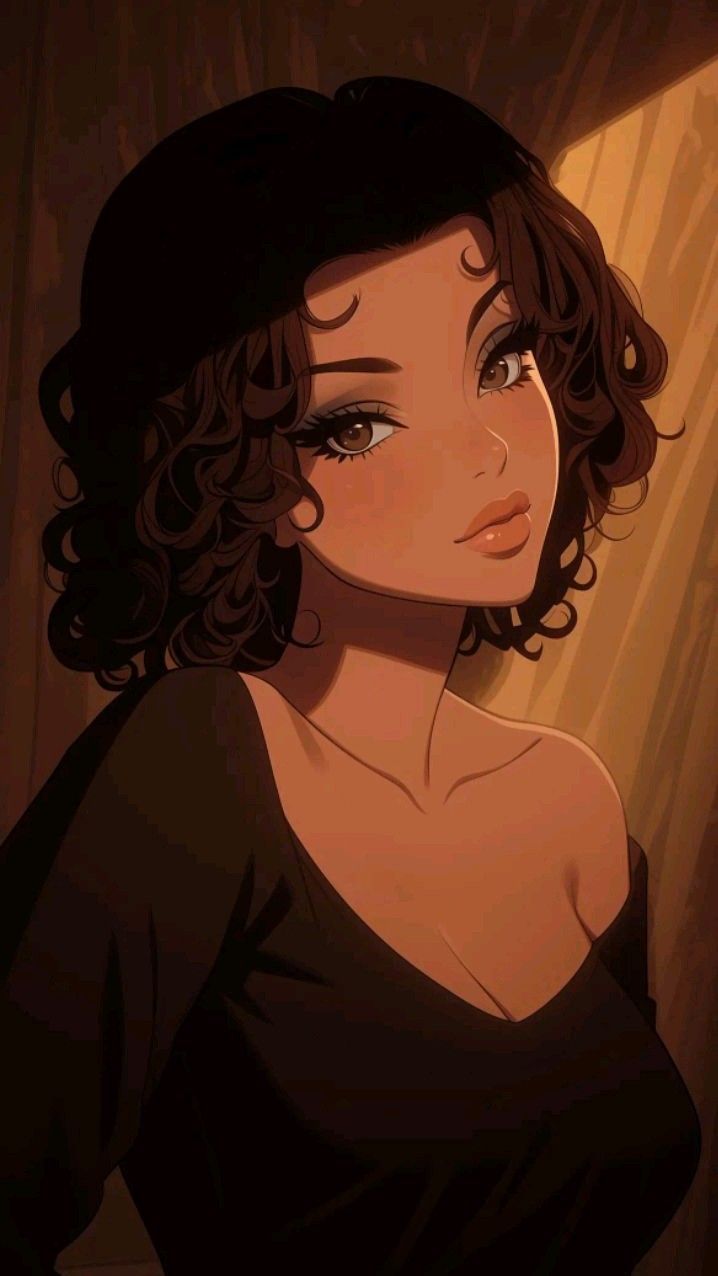 a woman with curly hair is staring into the distance