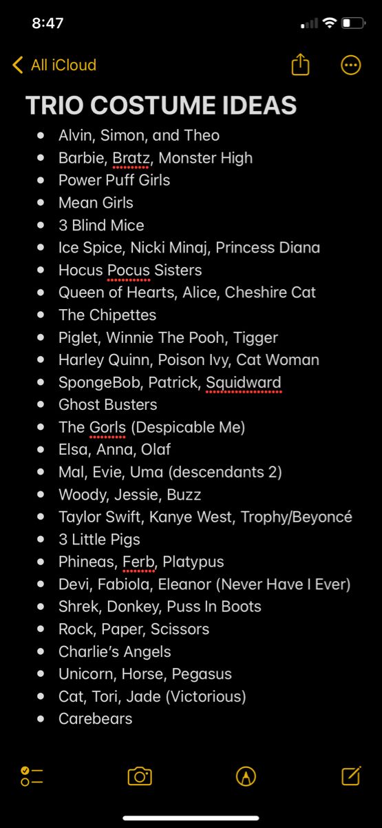 an iphone screen showing the list for costume ideas