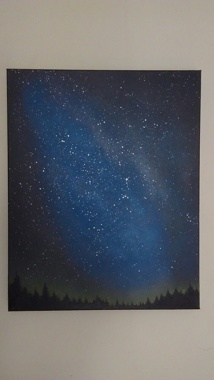 a painting of the night sky with stars and trees on it's left side