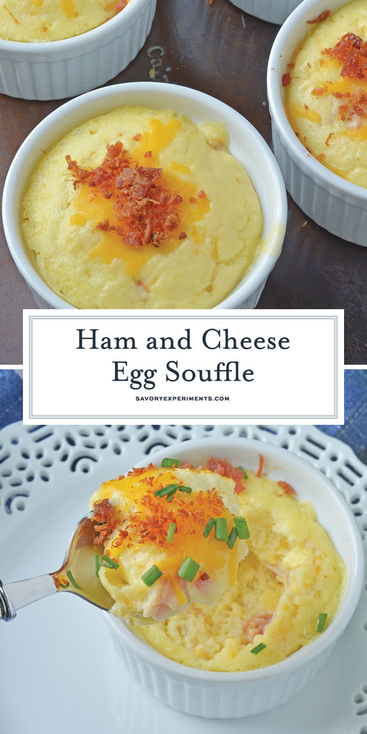 ham and cheese egg souffle in white dishes