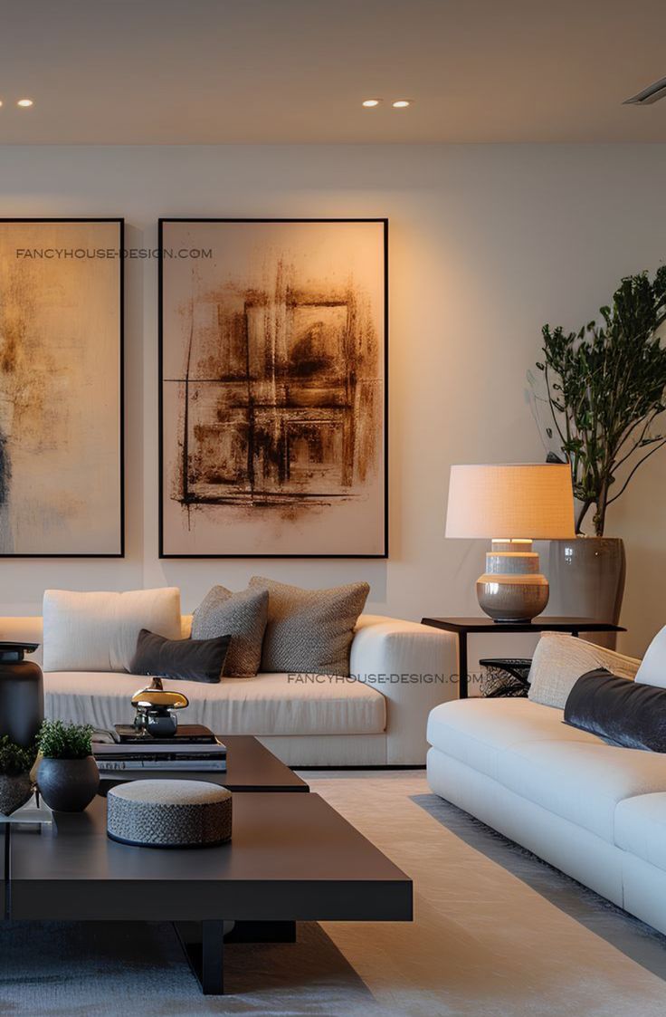 a living room filled with white couches and two paintings on the wall above them