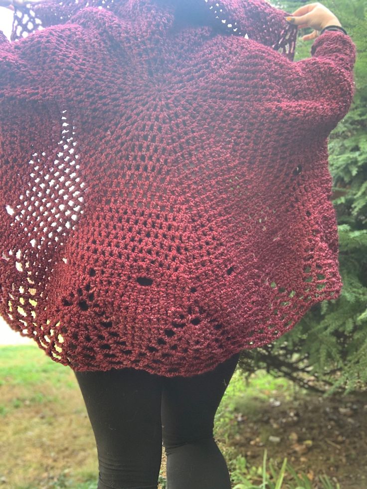 "A flowy maroon cape with large hood and sleeve cuffs. Perfect to brew potions, cosplay/larp, or just wander the woods in! This cape fits best on a small/medium wearer. Hand crocheted by me inspired by the Boucle cocoon cape pattern by \"Maggie's Crochet.\"" Cape Pattern, Crochet Bandana, Yarn Art, Larp, Hand Crochet, Handmade Crochet, Crochet Hooks, Cape, Super Cute