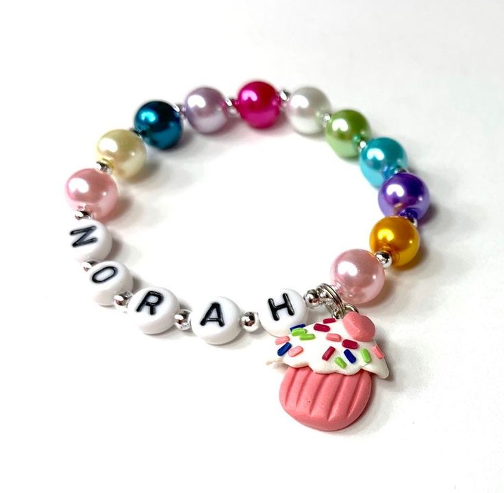 Cupcake Party Favors, Clay Cupcake, Polymer Clay Cupcake, Name Bracelets, Cupcake Charms, Beads Bracelet Design, Personalized Bracelet, Medical Alert, Letter Beads