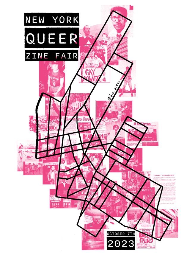 the new york queen zine fair poster is shown in pink and black, with images of people