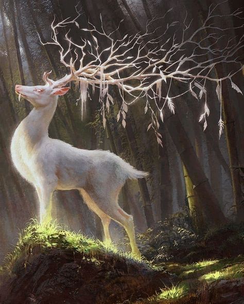 a painting of a white deer standing in the woods eating leaves from a twig