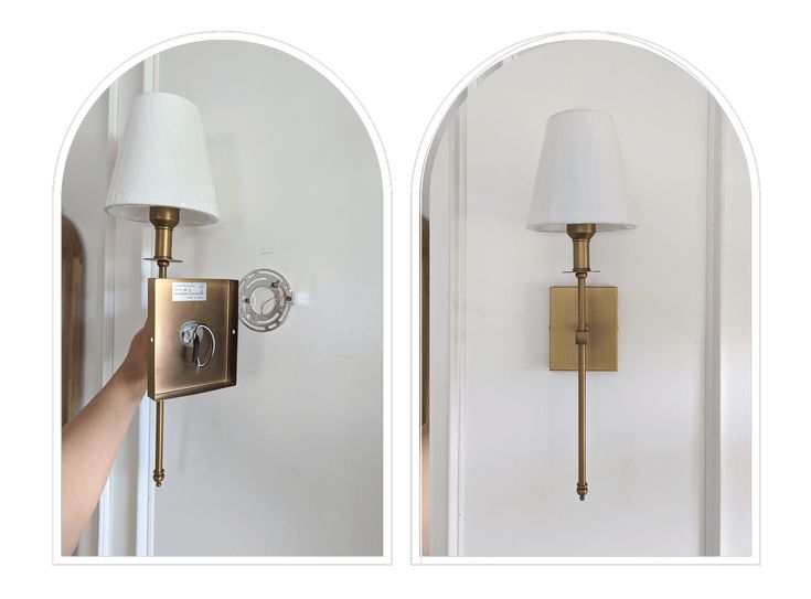 two pictures of a wall light with a white lamp shade on the left and right side