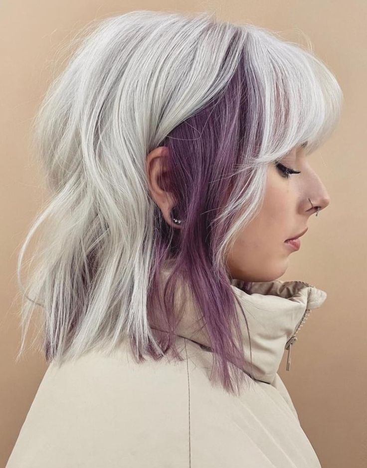 Gray And Vivid Hair, Muted Fashion Colors Hair, Hair Color Underneath With Bangs, Purple And Platinum Blonde Hair, Blonde Color Blocking Hair, Curtain Bangs Colored Hair, Edgy Purple Hair, Fire And Ice Hair, Colored Money Piece Hair Blonde