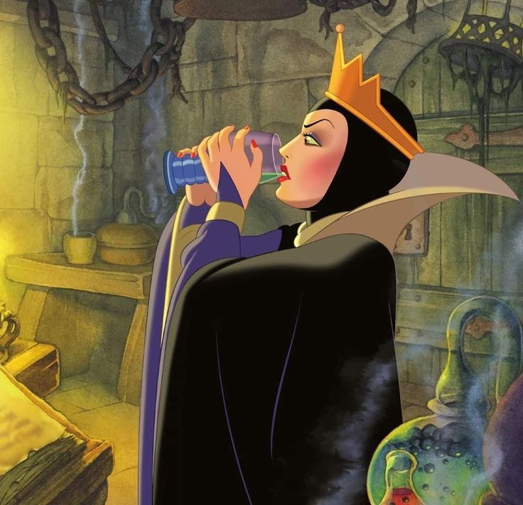 maleficent drinking from a bottle in front of an image of a woman wearing a crown