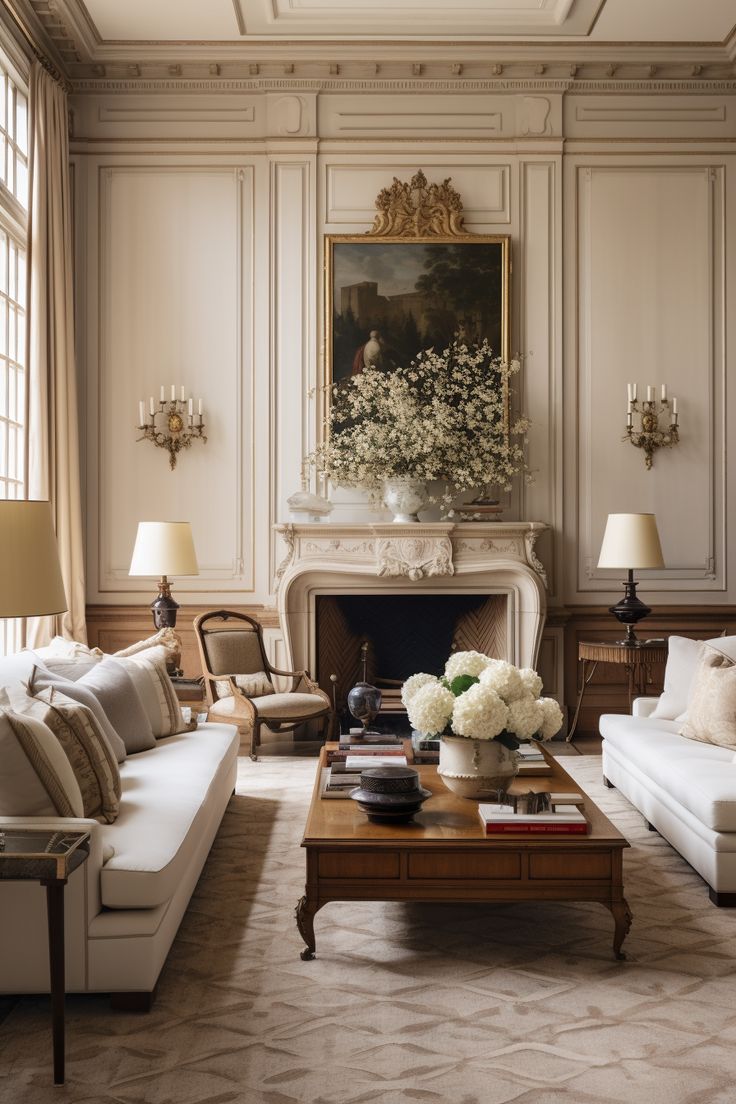 a living room filled with furniture and a fire place in front of a painting on the wall