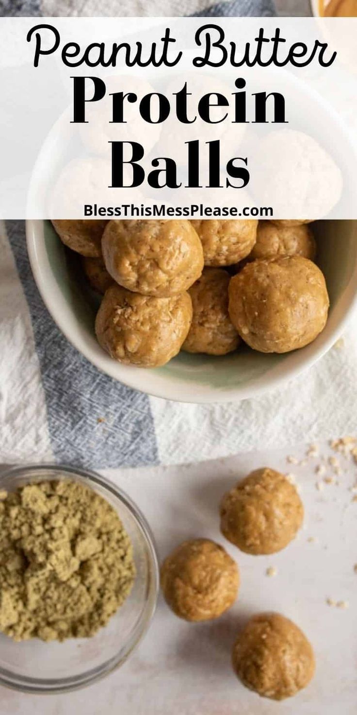 peanut butter protein balls in a bowl and on the table