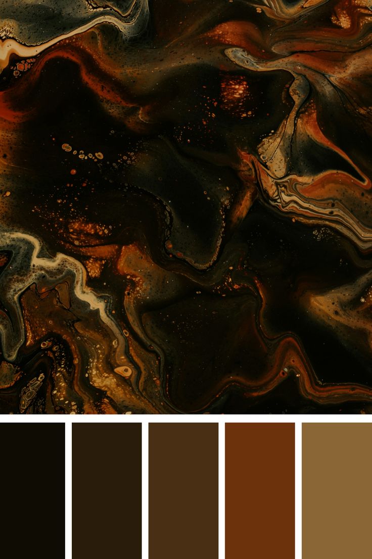 an abstract painting with brown, black and white colors in the center is a color swatch