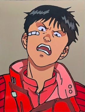 an animated image of a man with black hair and glasses on his face, wearing a red jacket