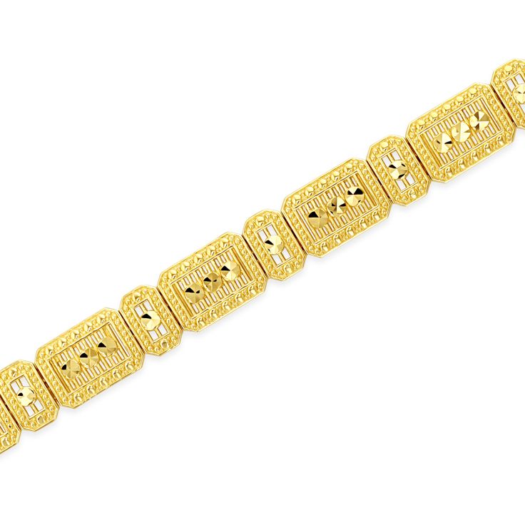 "14k solid gold filigree bracelet. measures over 1/4\" wide by 7.75\". diamond cut finish." Engraved Yellow Gold-plated Bracelets, Elegant Yellow Gold Bracelets With Decorative Band, Engraved Yellow Gold Plated Bracelets, Gold Bracelet With Decorative Band As Gift, Elegant 14k Gold Bracelets With Decorative Band, Gold Bracelets With Decorative Band As Gift, Rectangular Diamond Cut Wedding Bracelets, 22k Gold Diamond Cut Jewelry For Formal Events, 22k Gold Diamond Cut Jewelry For Formal Occasions