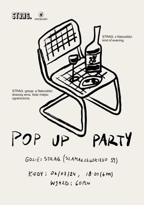 an advertisement for pop up party with a drawing of a chair and bottle on it