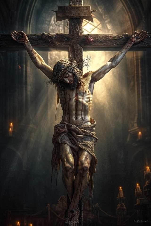 the crucifix with jesus on it is shown in this artistic painting by artist mark