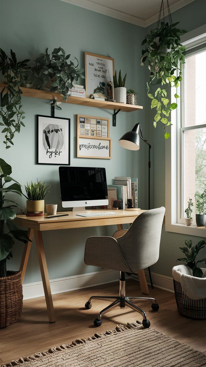 a home office with plants and pictures on the wall