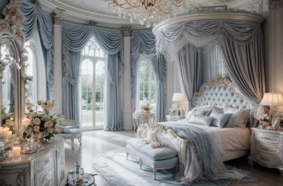 a fancy bedroom with white furniture and blue drapes on the windows, chandelier