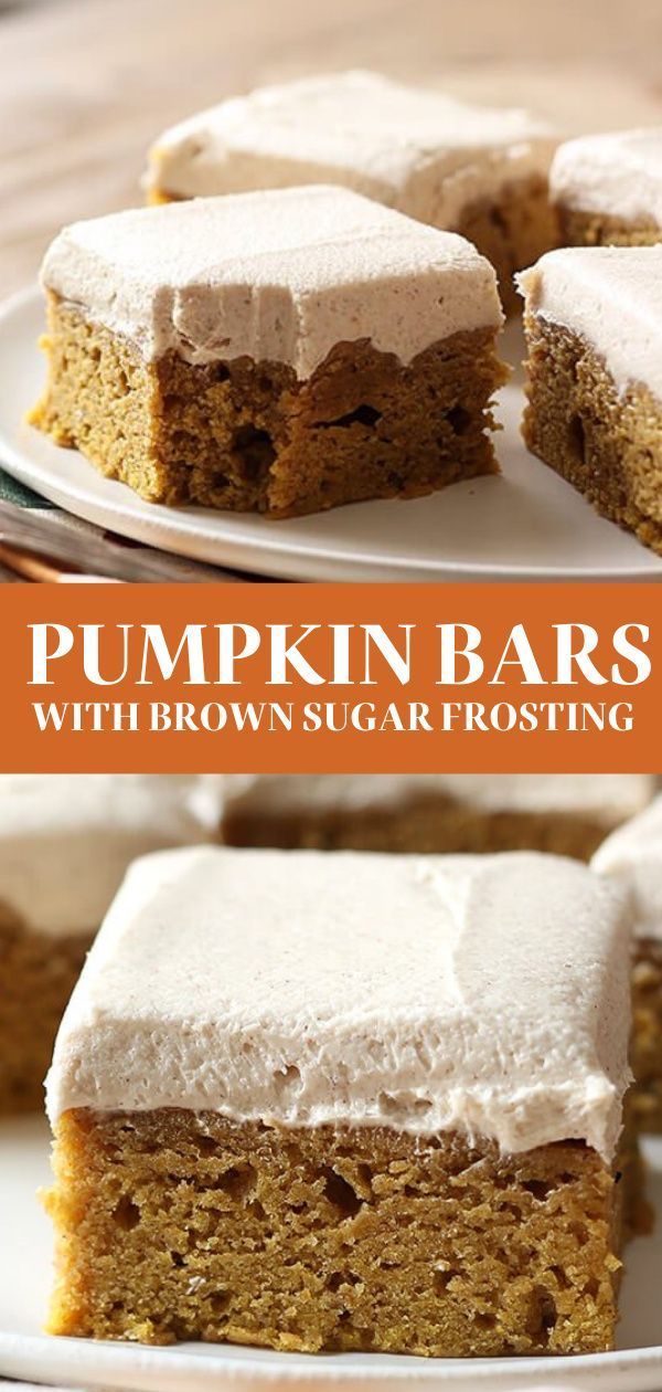 Pumpkin Bars with Brown Sugar Frosting are the perfect fall or Halloween treat! Spiced soft, moist pumpkin bars and a thick layer of brown sugar frosting will have everyone begging for seconds. The best easy homemade, from-scratch recipe that is great for a crowd. October Baked Goods, Pumpkin Bars With Cake Mix Easy, Cake Mix Pumpkin Bars, Pumpkin Bars With Cream Cheese Frosting, Pumpkin Pie Bars Easy, Pumpkin Cake Bars, Fall Desserts For A Crowd, Easy Pumpkin Desserts, Autumnal Recipes