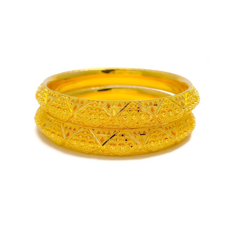 This pair of bangles is crafted from 22k gold, weighing a substantial 57.1 grams, and features a stunning yellow gold finish. Each bangle is sized at 2.8 inches with a 2.5-inch diameter, showcasing bold striped detailing that offers a look of extravagance and striking elegance. These bangles are not openable, which enhances their sleek and seamless silhouette. Ideal for those seeking to make a powerful fashion statement, this pair adds a touch of opulence and style to any ensemble, perfect for s Gold Plated Bangle For Festivals, Festive Yellow Gold Plated Bangle, Festive 22k Gold Bangle, Festive Yellow Gold Round Bangle, Festive Yellow Gold Bangle, Traditional Yellow Gold-plated Bangle, Traditional Yellow Gold Plated Bangle, Traditional 22k Gold Bangle Bracelet, Traditional Yellow Bangle Jewelry