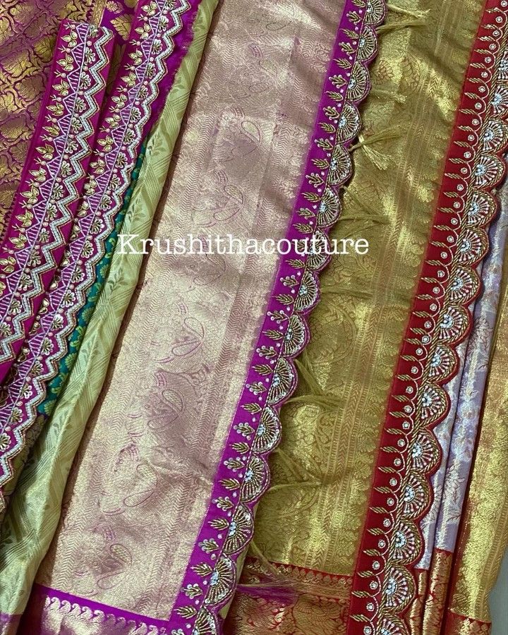 Saree Border Maggam Work Designs, Maggam Saree Borders, Maggam Work Dupatta Designs, Blouse With Lace Border, Saree Pallu Maggam Work, Scalp Blouse Designs, Saree Maggam Border, Sarees With Lace Borders, Pattu Saree Designs Latest