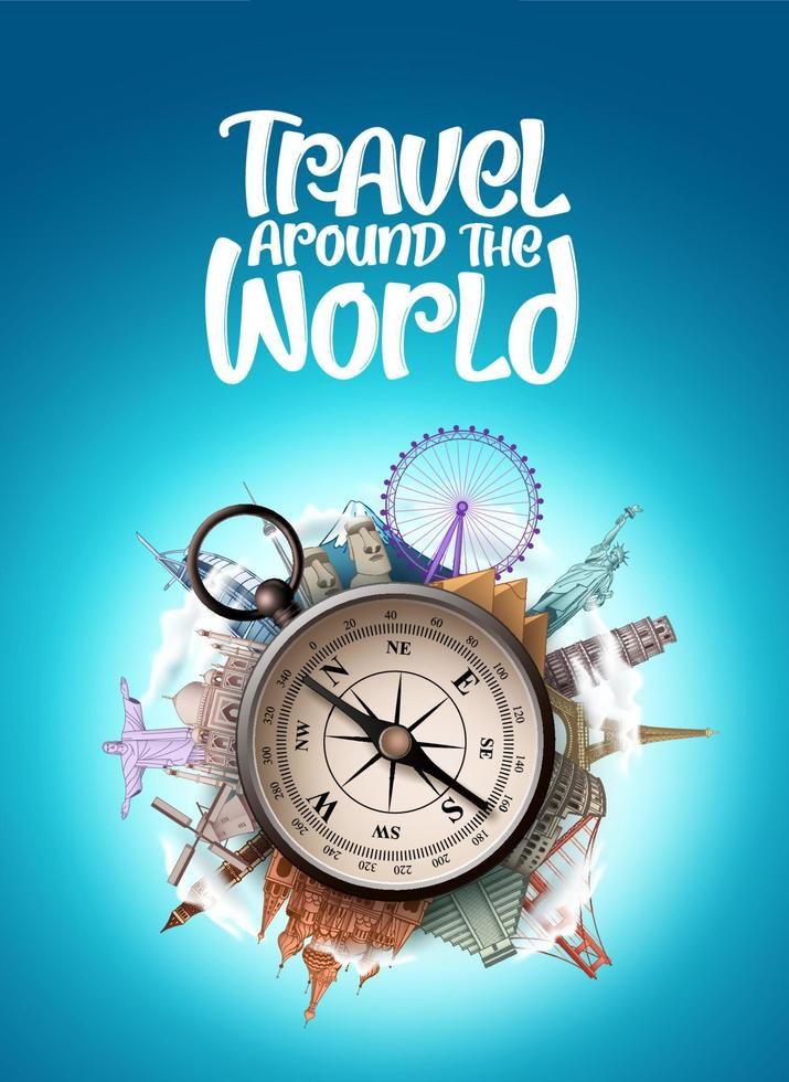 an advertisement for travel around the world with a clock and other things on it's surface