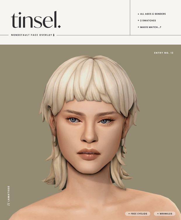 an image of a woman's face with blonde hair and bangs on the cover of tinsel magazine