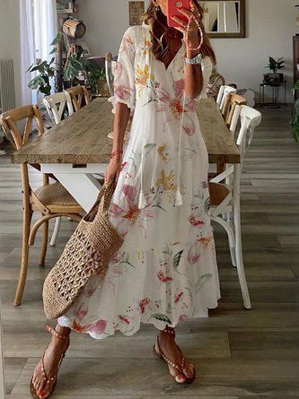 Casual Floral V Neck Short Sleeve Woven Dress | zolucky Half Sleeve Floral, Short Maxi, Dress Half Sleeve, Vacation Maxi Dress, Vestidos Retro, Short Maxi Dress, Tassels Fashion, Womens Shift Dresses, Mode Casual