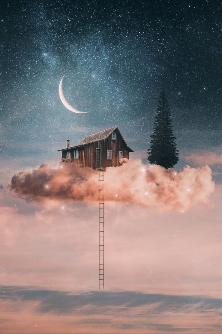 a house sitting on top of a cloud under a night sky