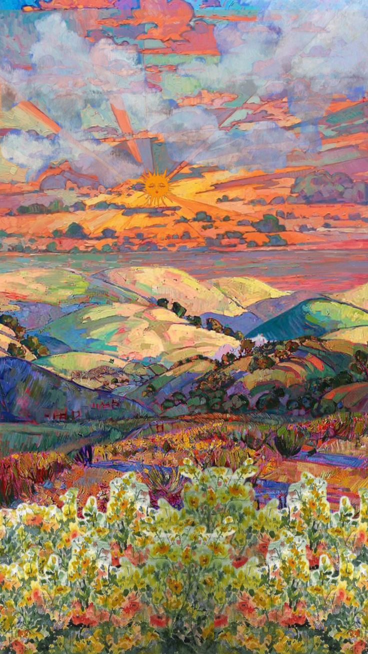 an oil painting of the sun setting over mountains and fields with wildflowers in foreground