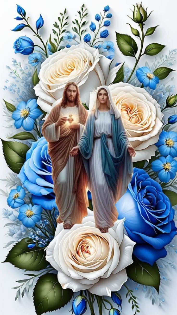 jesus and mary with blue roses in the background