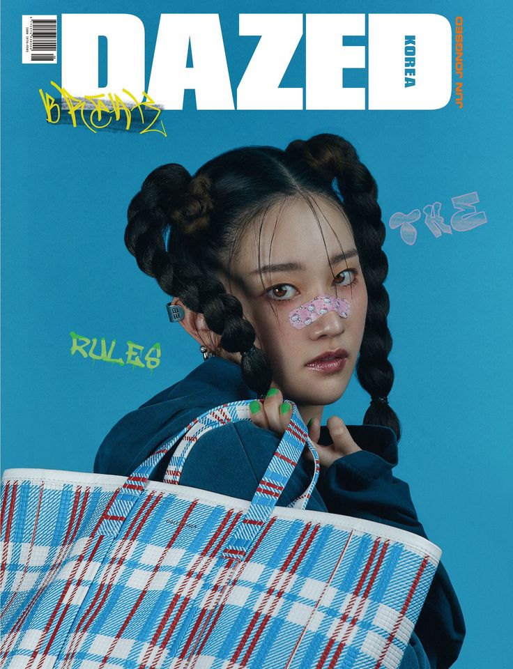 the cover of dazed magazine featuring a girl with braids holding a plaid tote bag