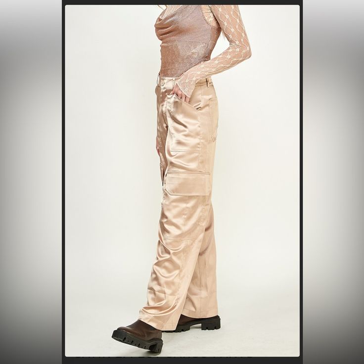 Nwt Name Satin Effect Cargo Pants Fabric 100% Polyester High-Waisted Pants With Belt Loops. Side Pockets, Back Welt Pockets, And Leg Flap Patch Pockets. Front Zip, Metal Hooks, And Interior Button Closure. Fitted Beige Straight Leg Bottoms, Beige Fitted Straight Leg Bottoms, Fitted Full-length Beige Work Pants, Fitted Wide Leg Trousers With Cargo Pockets, Chic Fitted Bottoms With Cargo Pockets, Fitted Beige Cargo Pants With Belt Loops, High Waist Beige Parachute Pants For Fall, Fitted High-waisted Pants With Cargo Pockets, Fitted High-waisted Parachute Pants