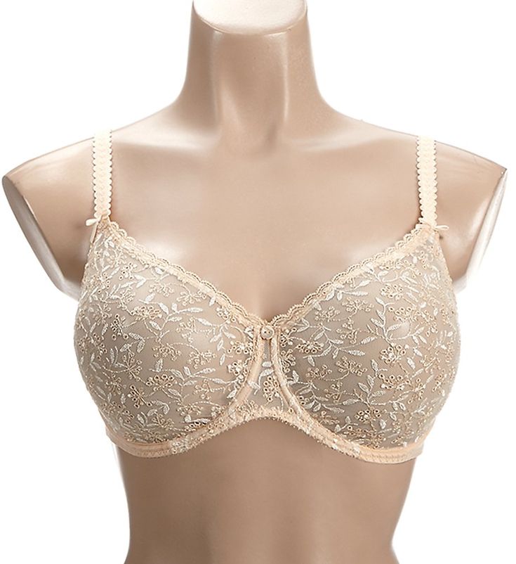 This gorgeous, sexy bra stands out with sheer tulle cups, elegant embroidery, and luxurious European craftsmanship. Made from polyamide, polyester, and elastane. Molded, underwire cups are unlined (unpadded) and fashioned from a beautiful non-stretch tulle with floral embroidery. See-through tulle cups are full coverage for breast containment with a rounded shape. Covered seam at the neckline edge maintains a secure fit. Center - tall, narrow, arched center panel has button at the top. Stretch m Luxury Fitted Bra With Removable Cups, Sheer Underwire Bra For Wedding, Lace Sheer Bra For Wedding, Wedding Sheer Underwire Bra, Wedding Underwire Sheer Bra, Elegant Full Coverage Beige Bra, Delicate Fitted Wedding Bra, Delicate Wedding Bra, Fitted Luxury Bra With Underwire