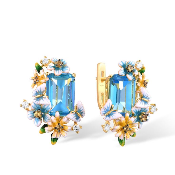 Nature Inspired Jewelry by Black Diamonds New York Blue Stones Jewelry, Cubic Zirconia Jewelry, Silver Jewellery Sets, Daisy Earrings, Enamel Flower, Enamel Earrings, Butterfly Earrings, Gold Enamel, 925 Sterling Silver Earrings