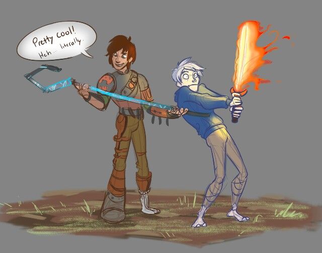 an image of two people with fire wands in their hands, one is holding a light saber and the other has a speech bubble