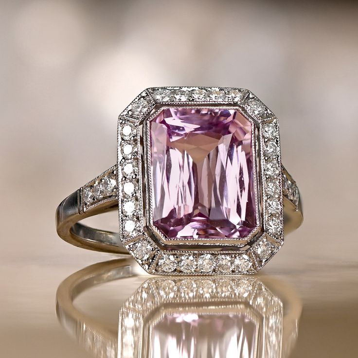 Emerald Cut Platinum Gemstones For Gifts, Elegant Pink Kunzite Rings, Pink Emerald Cut Gia Certified Jewelry, Luxury Pink Rectangular Rings, Gia Certified Morganite Fine Jewelry, Gia Certified Pink Emerald Cut Jewelry, Luxury Rectangular Pink Rings, Fine Jewelry Pink Sapphire With Emerald Cut, Fine Jewelry Emerald Cut Pink Sapphire