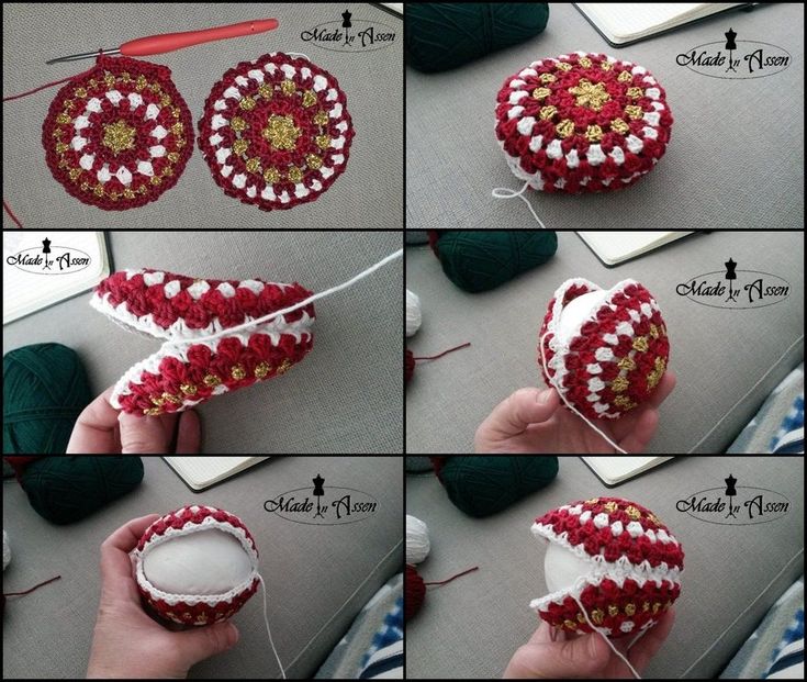 instructions to crochet an ornament in red and white