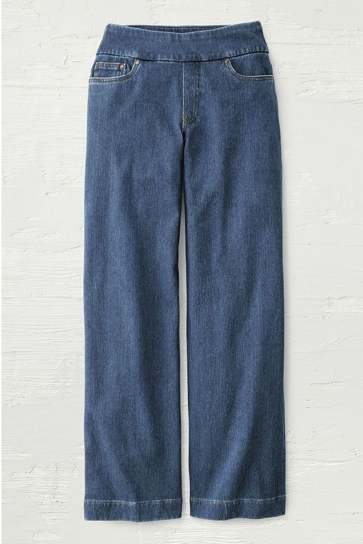 A fresh new style in our so-comfortable knit denim, updated with a modern leg shape. Our wide-leg jeans feature a flat pull-on waistband, with faux fly and 5-pocket styling. Coldwater Creek Outfits, Cute Plus Size Clothes, Elastic Waist Jeans, Comfy Jeans, Fall Jeans, Clothing Sites, Knit Denim, Pull On Jeans, Twin Set