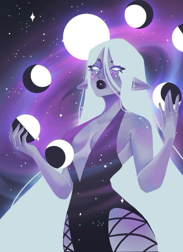 a woman with white hair and blue eyes is surrounded by balls in the air,