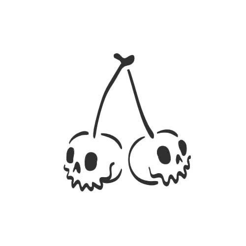 two cherries with skulls on them, one is black and the other is white