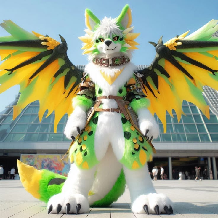 a large green and yellow stuffed animal with wings on it's back standing in front of a building