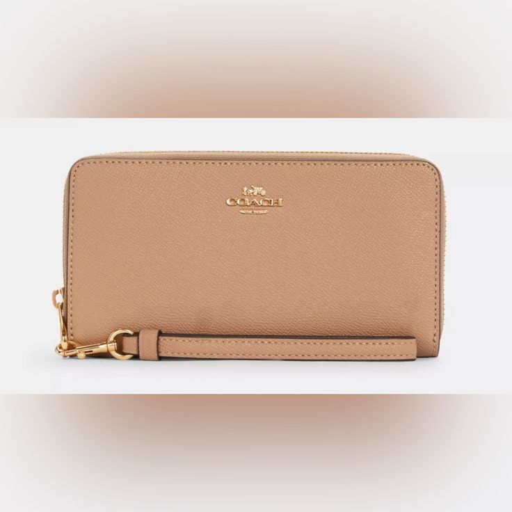 Coach Long Zip Around Wallet In Gold/Taupe New With Detached Tags Travel Wallets With Gold-tone Hardware, Classic Everyday Wallet With Gold-tone Hardware, Classic Everyday Wallets With Gold-tone Hardware, Classic Wallet With Gold-tone Hardware, Classic Beige Clutch Wallet, Classic Beige Clutch For Daily Use, Beige Leather Wallet With Zipper Closure, Chic Coach Wallets For Travel, Luxury Beige Wallet For Everyday Use