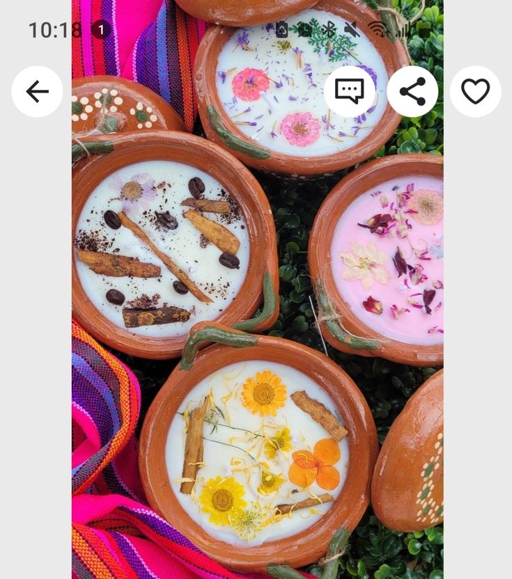 four bowls filled with different types of food on top of green plants and flowers next to each other