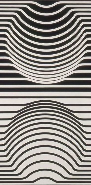 an abstract black and white painting with wavy lines in the center, as if it were optical art