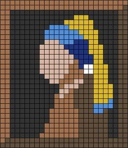 a woman with a yellow hair and blue eyes is depicted in a pixellated pattern