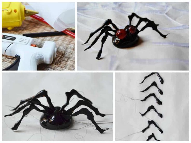 four different pictures show how to make spider webs with glue and construction tools, including scissors