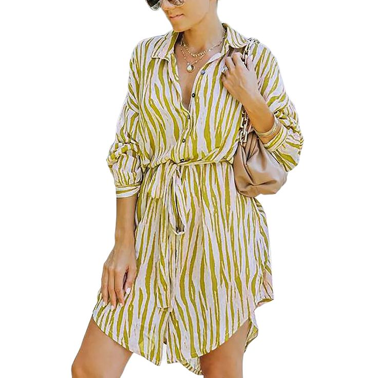 Yellow Striped Tie Waist Long Sleeve Shirt Dress Chic Striped Shirt Dress For Vacation, Cotton Button-up Mini Dress For Beach, Striped Shirt Dress For Summer Day Out, Striped Shirt Dress For Summer, Striped Collared Mini Dress For Summer, Striped Relaxed Fit Shirt Dress For Summer, Casual Striped Shirt Dress For Day Out, Fall Beach Button-up Mini Dress, Knee-length Shirt Dress For Beach In Fall