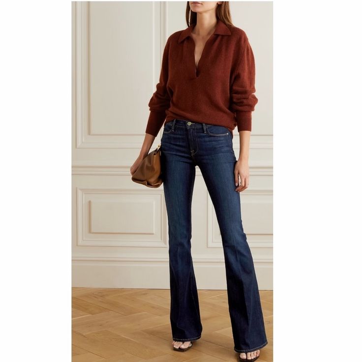 Frame Le High Flare Jeans. Nwt. Size 25. Color- Sutherland. Retail- $238 Waist (Laying Flat Across)- 12.5” Hips- 15” Inseem- 35” Rise- 9.5” Backrise- 13” Leg Opening (One Side)- 10.5” Affluent Style Women Casual, Hi Rise Jeans Outfits, Fancy Jeans Outfit Winter, Mom Jeans Shoes How To Wear, Bootcut Jeans Outfit Work, Skyscraper Jeans Outfit, Outfit 40 Years Old Woman Chic, High Rise Flare Jeans Outfits, Fall Flare Jeans Outfit