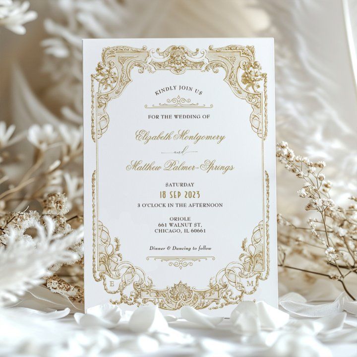 an ornate wedding card with gold foil on it sitting next to white flowers and feathers