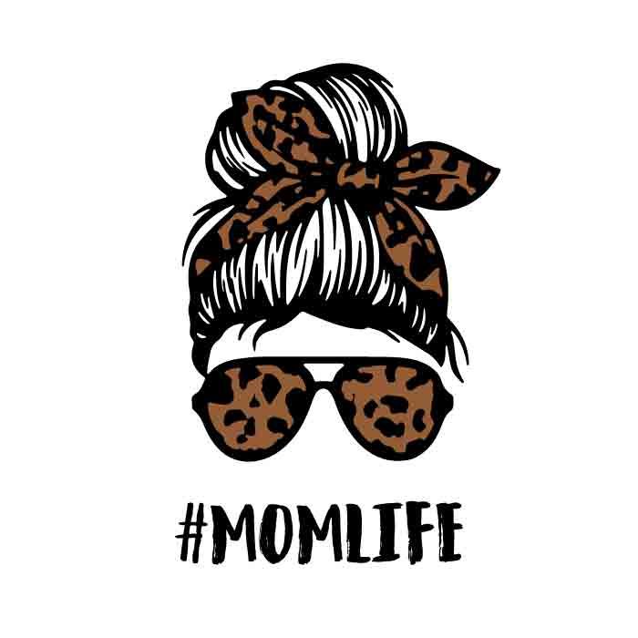 a woman's head wearing sunglasses and a leopard print bow with the words mom life